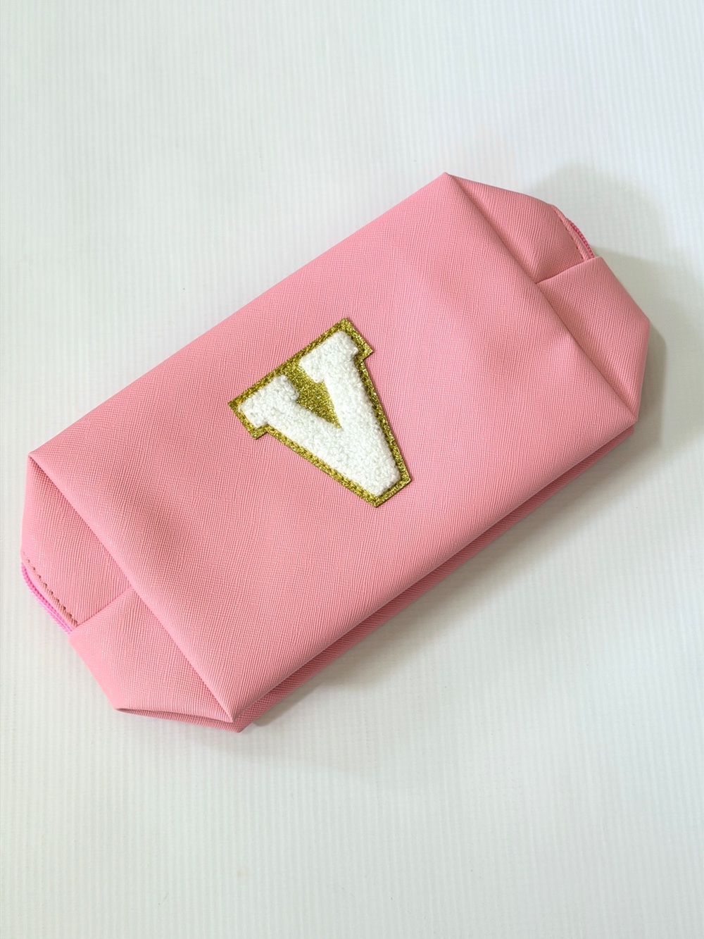 Pink Initial Monogram Cosmetic Pouch Letter V